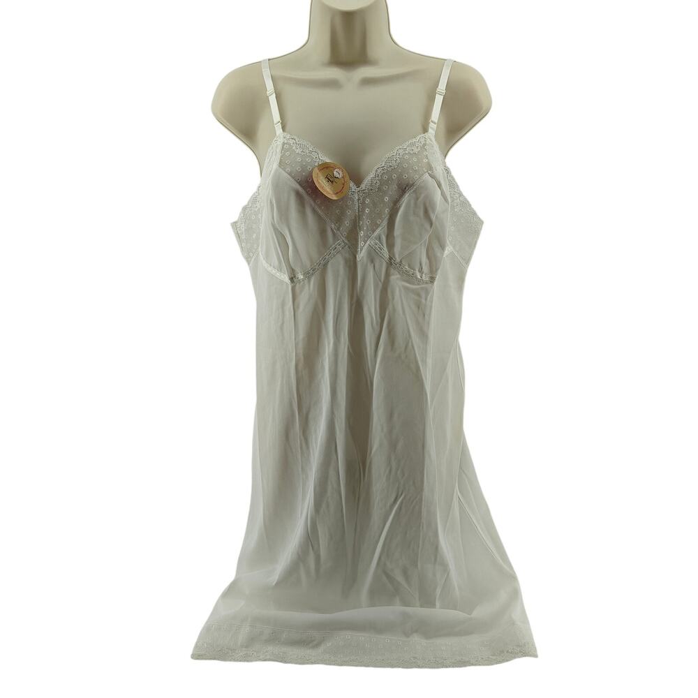 Vintage Hollywood Vassarette Full Slip White Semi Sheer Lace Womens 38 A